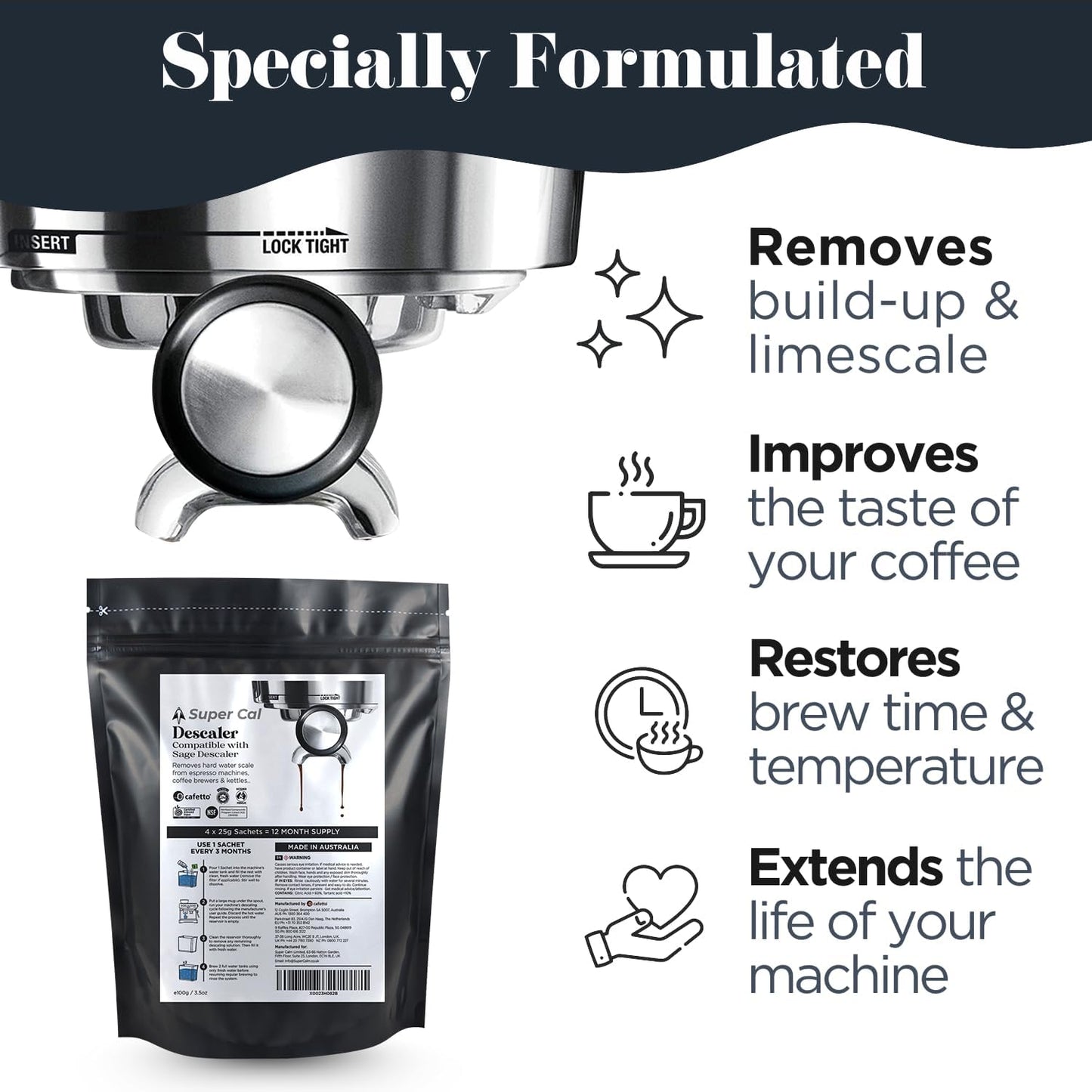 Super Cal Descaler - 4x25g Sachets (12mth Supply) by Cafetto who make Sage Descaler for Coffee Machines & Kettles | Made in Australia - a Super Premium coffee machine descaler