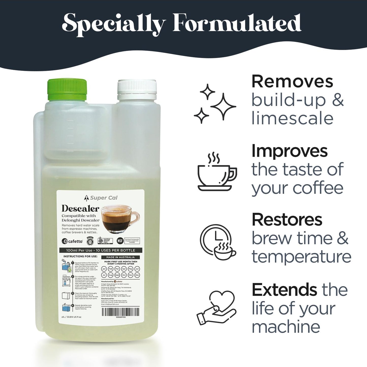 Super Cal Coffee Machine Descaler Liquid (1L for 10 uses) - Compatible with Delonghi Descaler for Coffee Machines and Compatible with Ecodecalk Delonghi Easy No Mess Dosing Chamber - Made in Australia