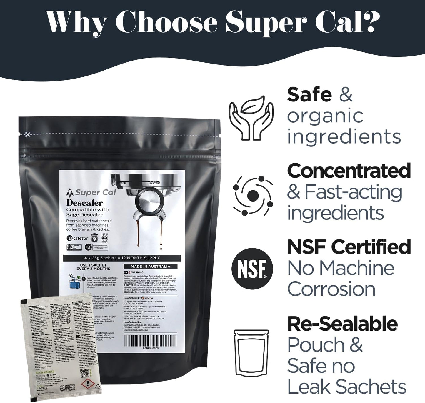 Super Cal Descaler - 4x25g Sachets (12mth Supply) by Cafetto who make Sage Descaler for Coffee Machines & Kettles | Made in Australia - a Super Premium coffee machine descaler