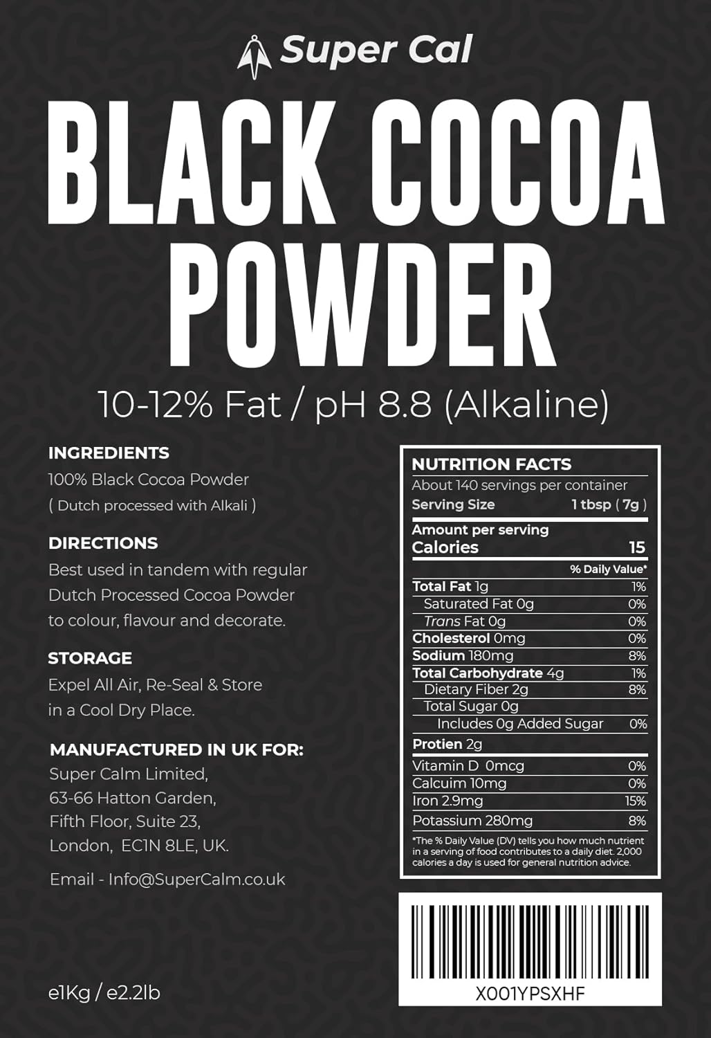 Black Cocoa Powder for Baking - 250g Pouch | Intense Deep Black Dutch Processed Unsweetened Cocoa Powder | pH 8.8 (Zero Bitterness) with 10-12% Fat | Super Cal