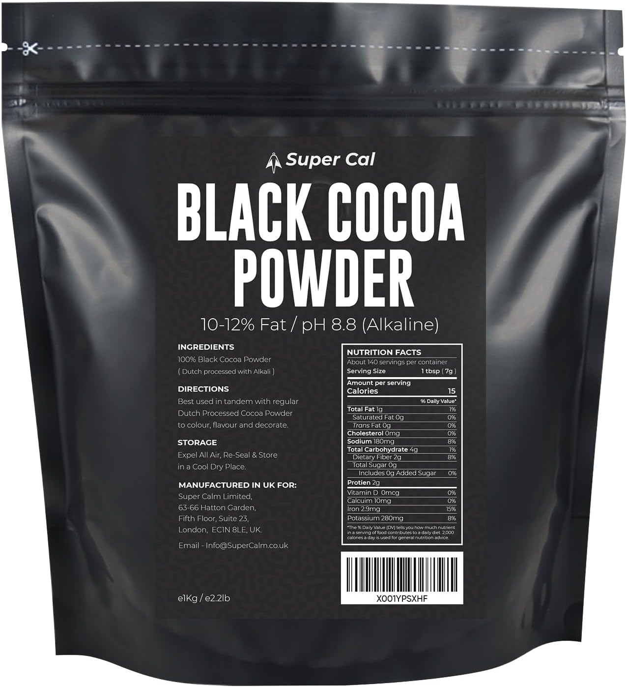 Black Cocoa Powder for Baking - 250g Pouch | Intense Deep Black Dutch Processed Unsweetened Cocoa Powder | pH 8.8 (Zero Bitterness) with 10-12% Fat | Super Cal