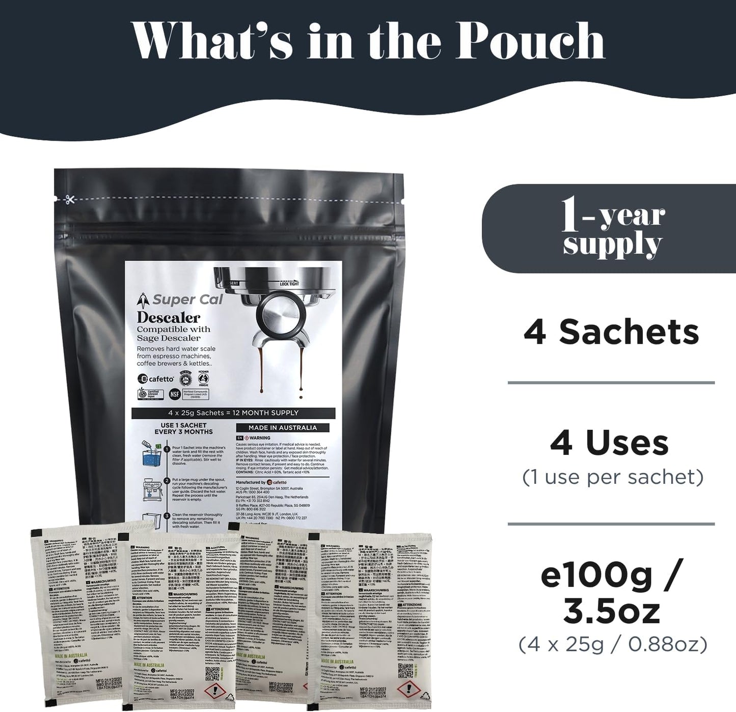 Super Cal Descaler - 4x25g Sachets (12mth Supply) by Cafetto who make Sage Descaler for Coffee Machines & Kettles | Made in Australia - a Super Premium coffee machine descaler