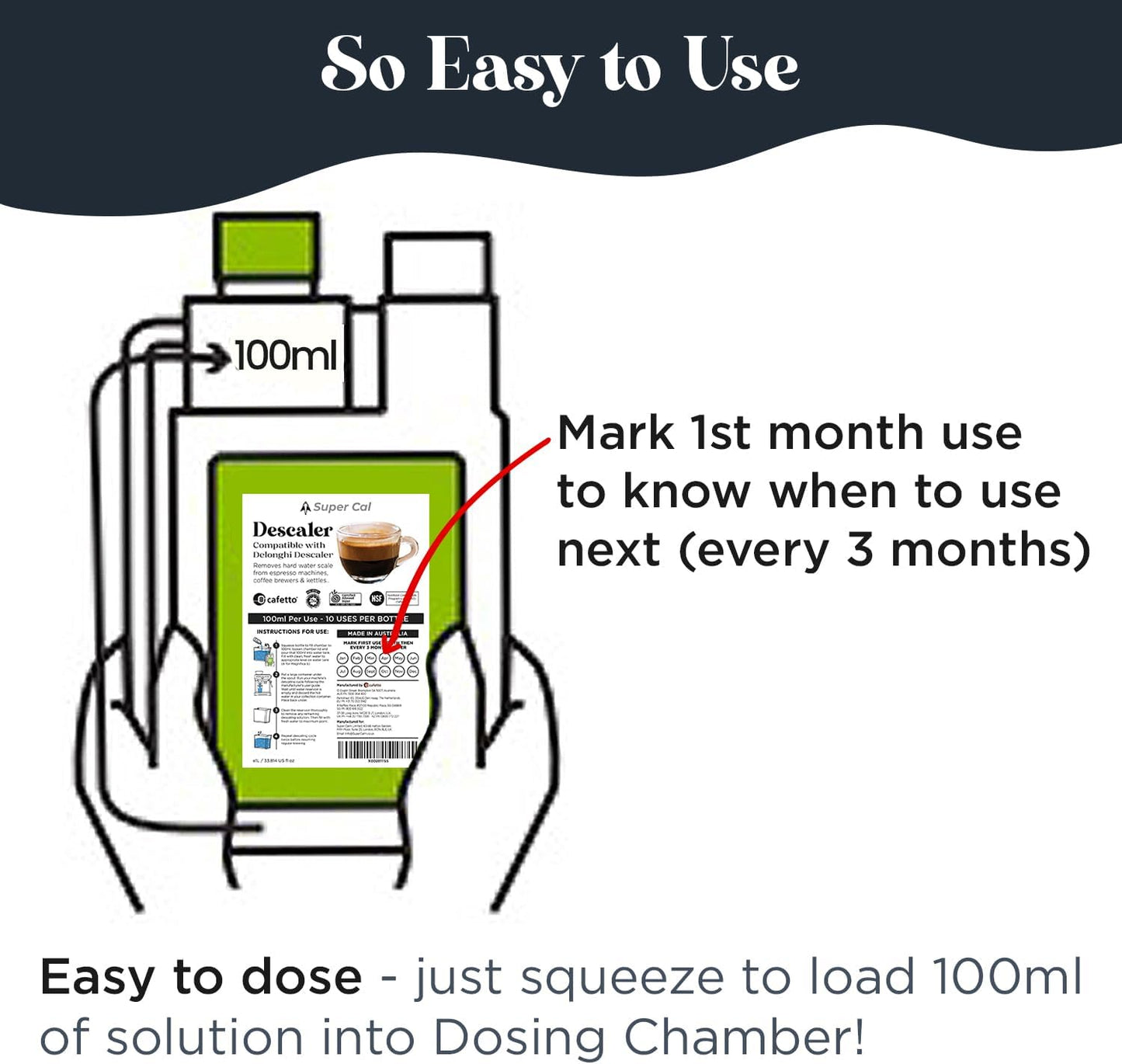 Super Cal Coffee Machine Descaler Liquid (1L for 10 uses) - Compatible with Delonghi Descaler for Coffee Machines and Compatible with Ecodecalk Delonghi Easy No Mess Dosing Chamber - Made in Australia