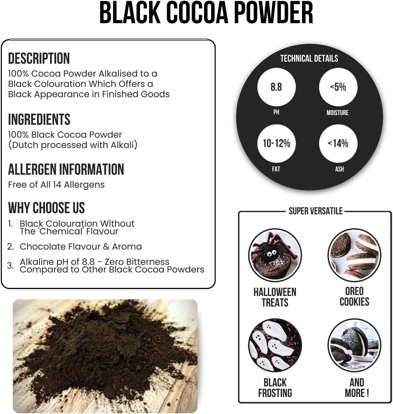 Black Cocoa Powder for Baking - 250g Pouch | Intense Deep Black Dutch Processed Unsweetened Cocoa Powder | pH 8.8 (Zero Bitterness) with 10-12% Fat | Super Cal