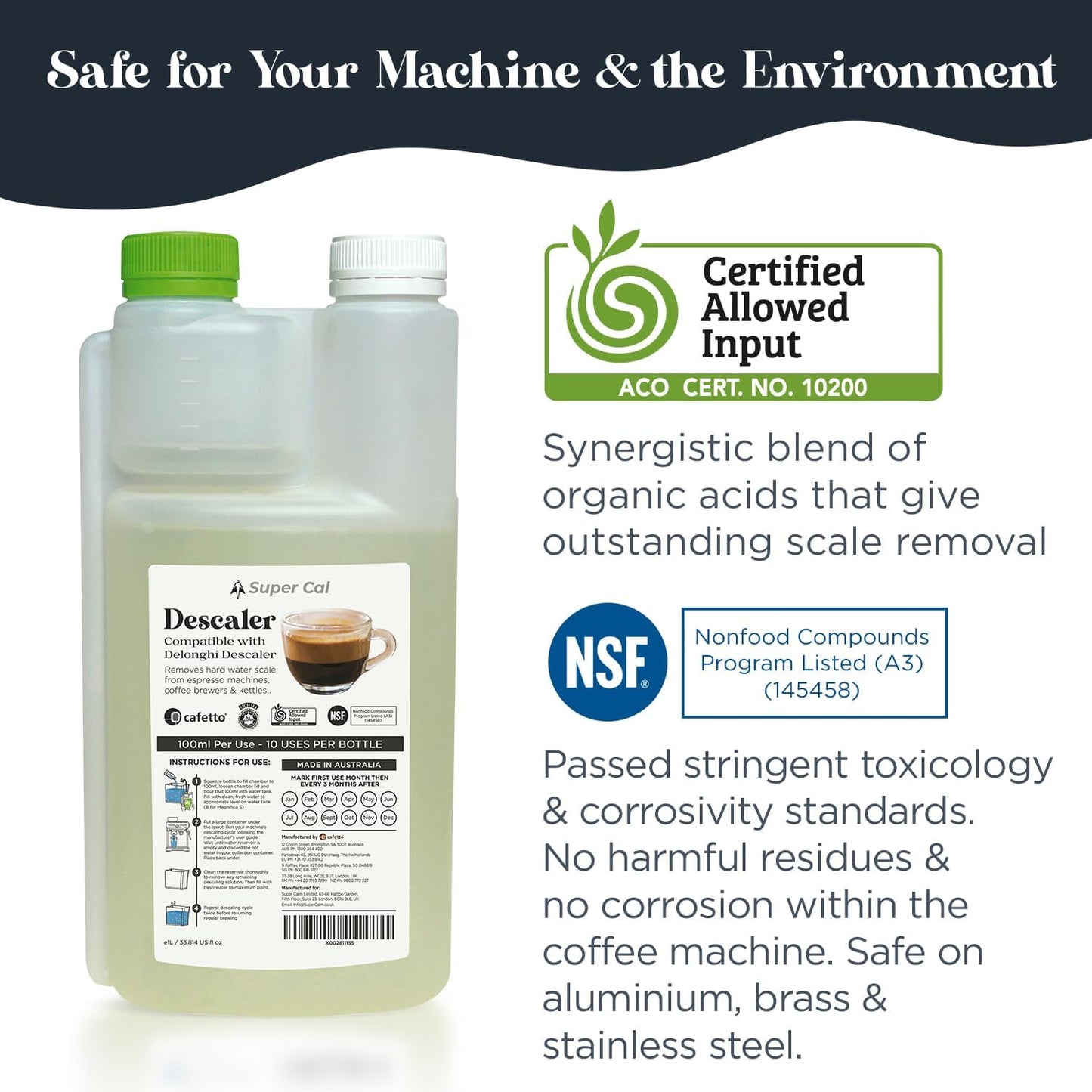 Super Cal Coffee Machine Descaler Liquid (1L for 10 uses) - Compatible with Delonghi Descaler for Coffee Machines and Compatible with Ecodecalk Delonghi Easy No Mess Dosing Chamber - Made in Australia