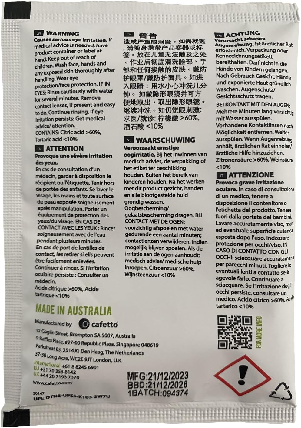 Super Cal Descaler - 4x25g Sachets (12mth Supply) by Cafetto who make Sage Descaler for Coffee Machines & Kettles | Made in Australia - a Super Premium coffee machine descaler