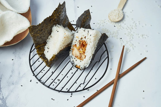 Onigiri (Rice Ball) with Crab Sticks, Bonito Flakes, and Mayonnaise