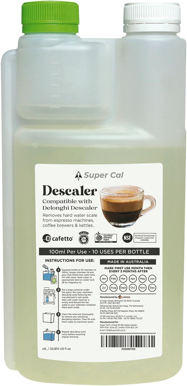 Super Cal Coffee Machine Descaler Liquid (1L for 10 uses) - Compatible with Delonghi Descaler for Coffee Machines and Compatible with Ecodecalk Delonghi Easy No Mess Dosing Chamber - Made in Australia