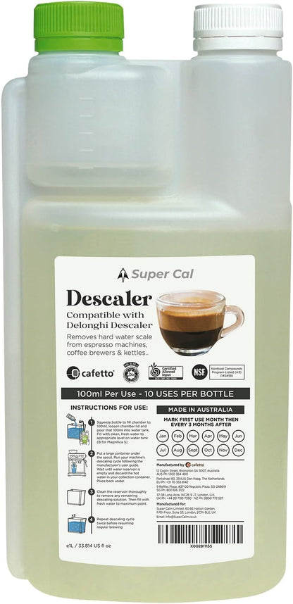 Super Cal Coffee Machine Descaler Liquid (1L for 10 uses) - Compatible with Delonghi Descaler for Coffee Machines and Compatible with Ecodecalk Delonghi Easy No Mess Dosing Chamber - Made in Australia