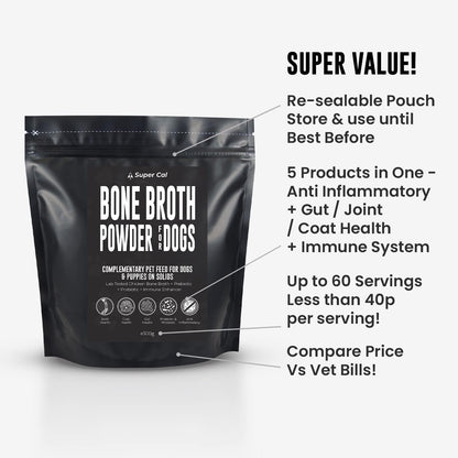Super Cal Chicken Bone Broth for Dogs 300g | 5-in-1 Dog Gravy Powder with Probiotics, Prebiotics & Joint Support | 60 Servings