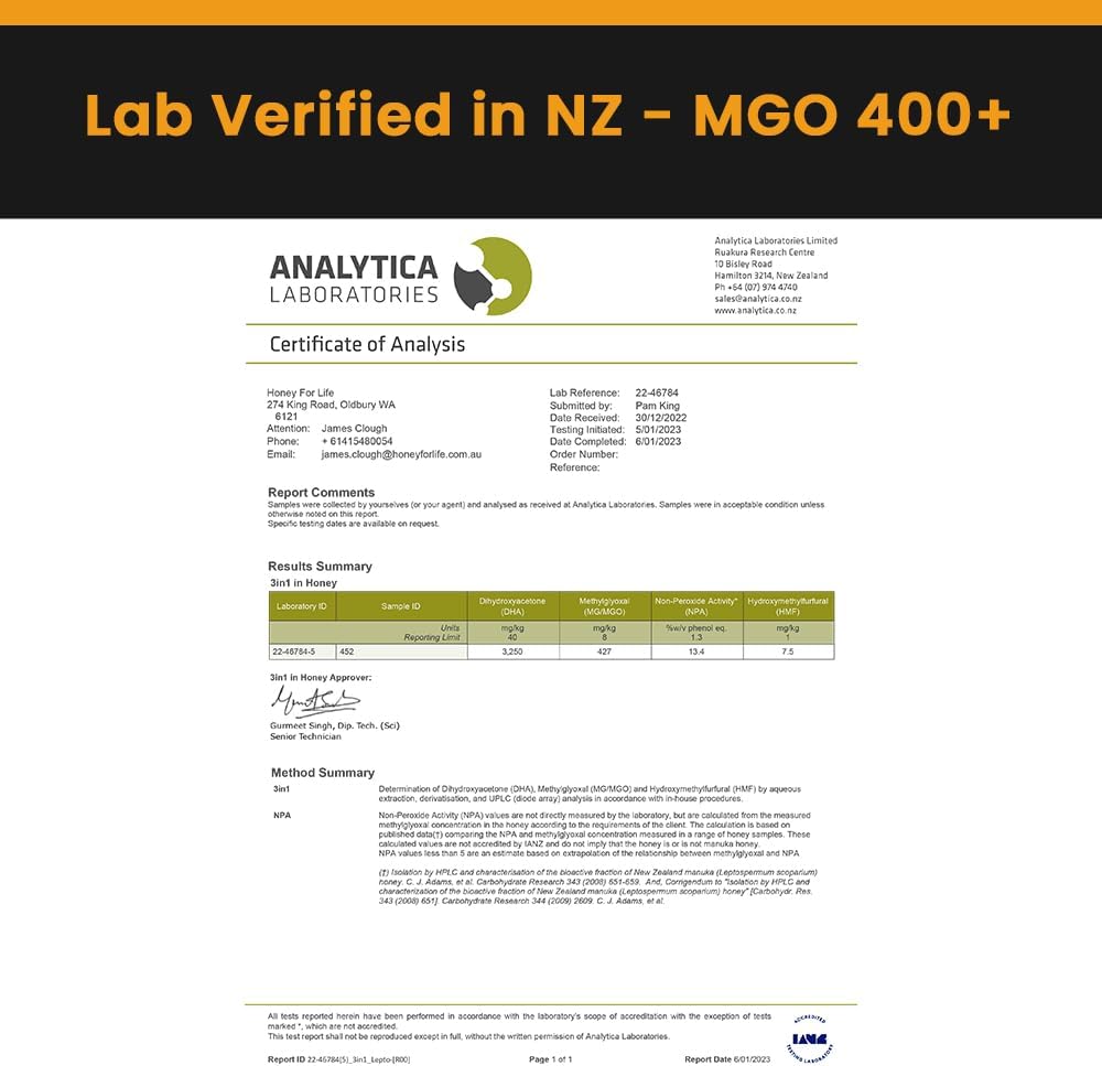 HONEY FOR LIFE Australian Monofloral Manuka Honey MGO 400+