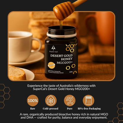 Super Cal Desert Gold Raw Honey MGO 200+ – Premium Western Australian Honey – Cold Pressed & Unpasteurised – 500g