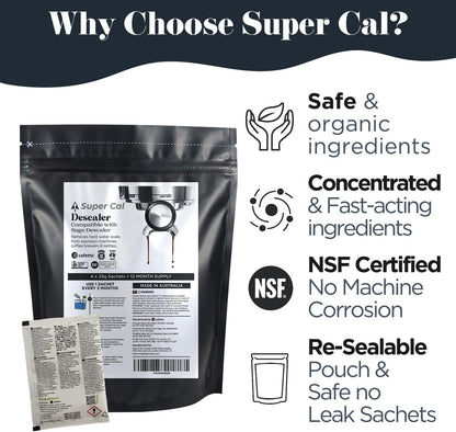 Super Cal Descaler - 4x25g Sachets (12mth Supply) by Cafetto who make Sage Descaler for Coffee Machines & Kettles | Made in Australia - a Super Premium coffee machine descaler