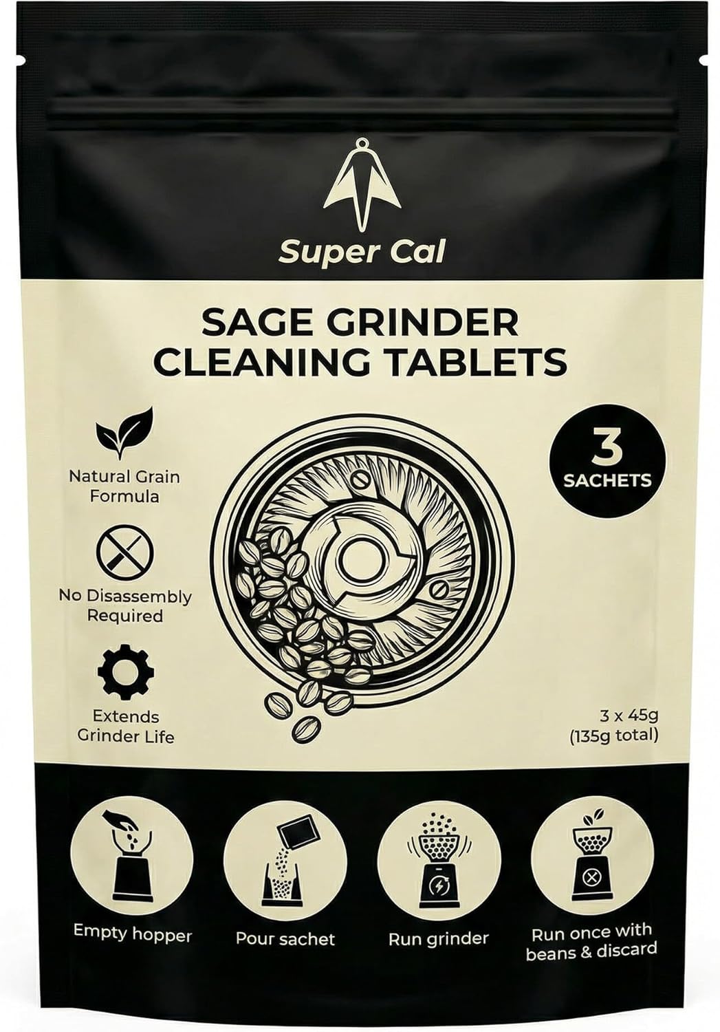 Super Cal Coffee Grinder Cleaning Tablets – 3 x 45g Sachets