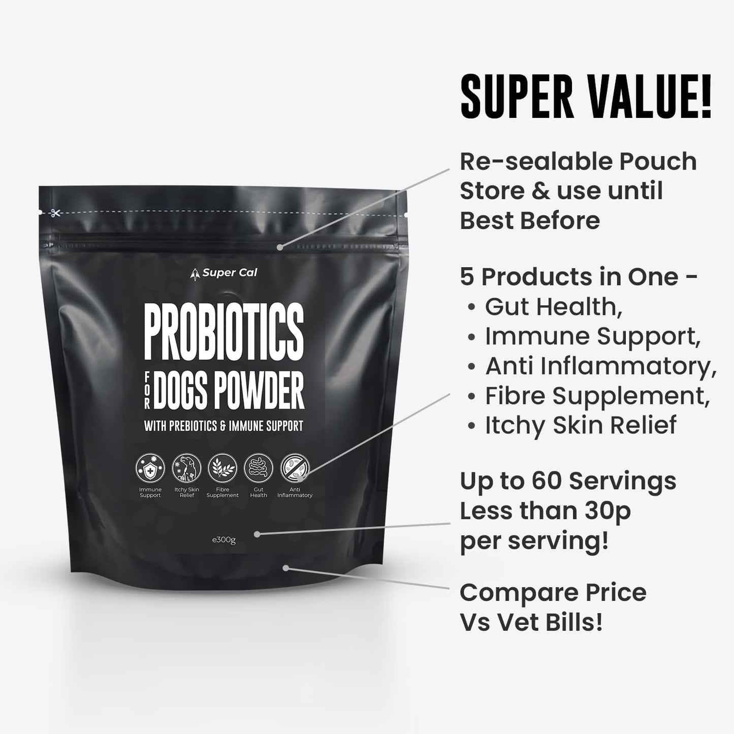 Super Cal Advanced Probiotics for Dogs Powder 300g | Pre + Probiotics with Beta Glucans & Fibre for Gut Health, Digestion & Immune Support