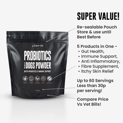 Super Cal Advanced Probiotics for Dogs Powder 300g | Pre + Probiotics with Beta Glucans & Fibre for Gut Health, Digestion & Immune Support