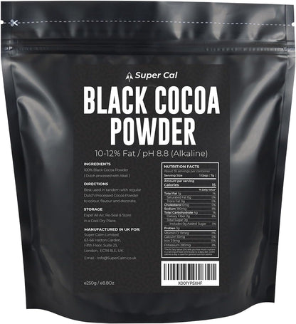 Black Cocoa Powder for Baking - 250g Pouch | Intense Deep Black Dutch Processed Unsweetened Cocoa Powder | pH 8.8 (Zero Bitterness) with 10-12% Fat | Super Cal