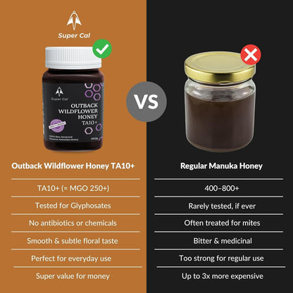 Super Cal Active Wildflower Raw Honey TA10+ MGO 250+ – Premium Australian Medical Grade Honey – Cold Pressed & Unpasteurised – 500g