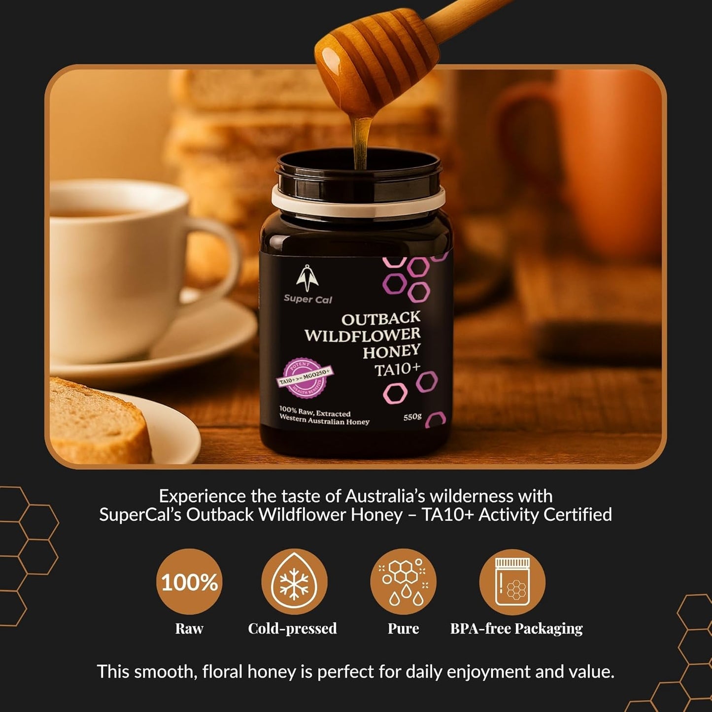 Super Cal Active Wildflower Raw Honey TA10+ MGO 250+ – Premium Australian Medical Grade Honey – Cold Pressed & Unpasteurised – 500g