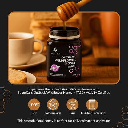 Super Cal Active Wildflower Raw Honey TA10+ MGO 250+ – Premium Australian Medical Grade Honey – Cold Pressed & Unpasteurised – 500g