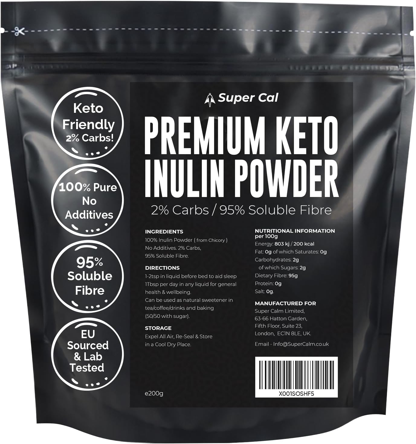 Super Cal Keto Inulin Powder 200g | 95% Fibre & 2% Carbs | Pure Chicory Root Prebiotic Fibre Supplement for Gut Health & Sleep Support