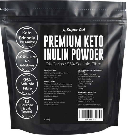 Super Cal Keto Inulin Powder 200g | 95% Fibre & 2% Carbs | Pure Chicory Root Prebiotic Fibre Supplement for Gut Health & Sleep Support