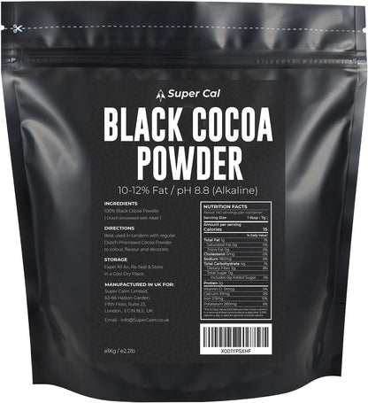 Black Cocoa Powder for Baking - 250g Pouch | Intense Deep Black Dutch Processed Unsweetened Cocoa Powder | pH 8.8 (Zero Bitterness) with 10-12% Fat | Super Cal