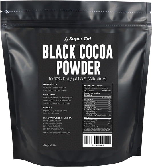 Black Cocoa Powder for Baking - 250g Pouch | Intense Deep Black Dutch Processed Unsweetened Cocoa Powder | pH 8.8 (Zero Bitterness) with 10-12% Fat | Super Cal