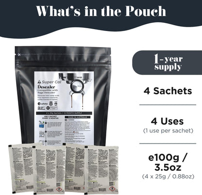 Super Cal Descaler - 4x25g Sachets (12mth Supply) by Cafetto who make Sage Descaler for Coffee Machines & Kettles | Made in Australia - a Super Premium coffee machine descaler