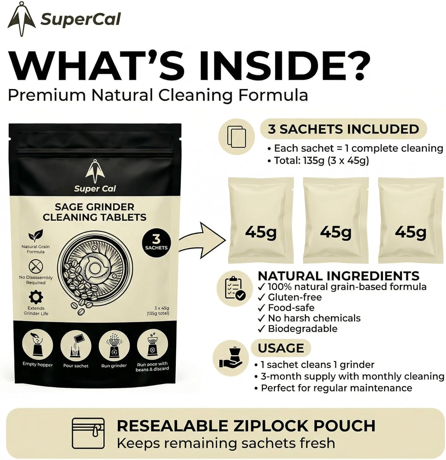 Super Cal Coffee Grinder Cleaning Tablets – 3 x 45g Sachets